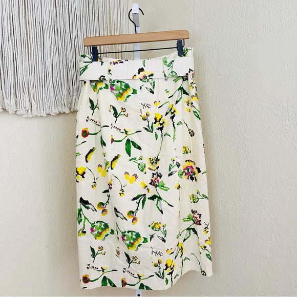 Tanya Taylor Floral Midi Skirt Size 10 Linen Blend Front Slit Belted Cream Ivory - Picture 3 of 8